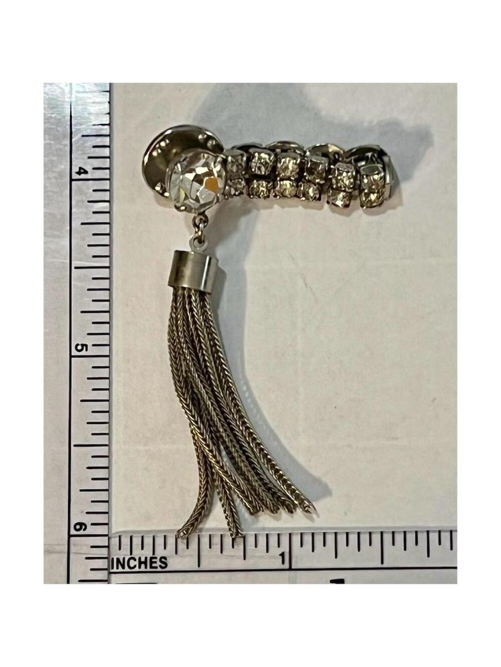 RJ Graziano Silver Tone Rhinestone Tassel Tie Tack Brooch Vintage